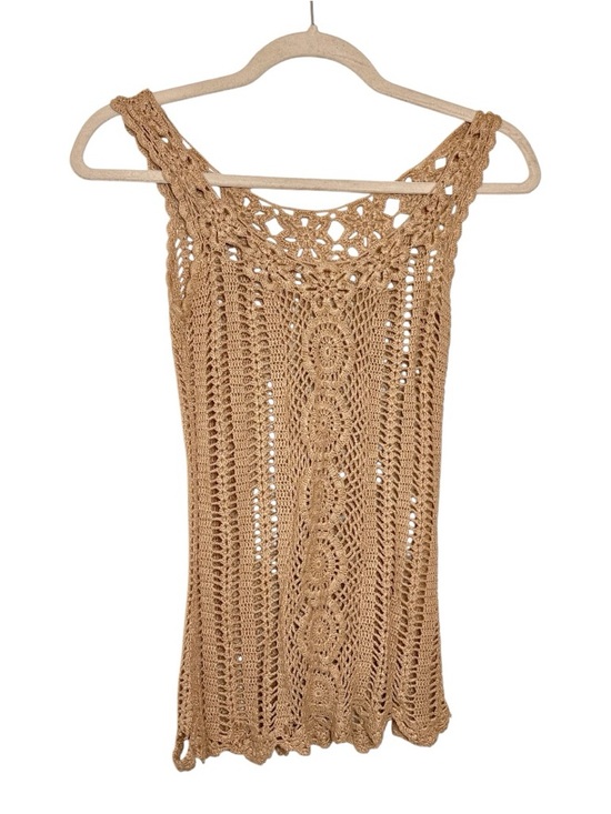 Source Unknown Tops - Tan Crochet Knit Tank Boho Hippie Open Knit Festival Top Small